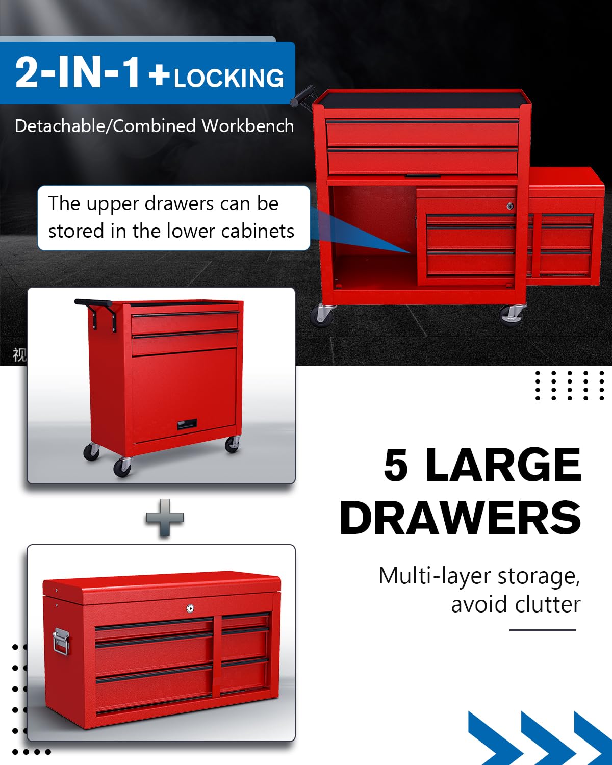 LegacyAmerhome Rolling Tool Chest, 5-Drawer Tool Storage Cabinet Cart with Wheels and Locking System, 2-in-1 Detachable Top Tool Box, Thickening Metal Tool Box for Garage, Workshop, Barbersho - WoodArtSupply