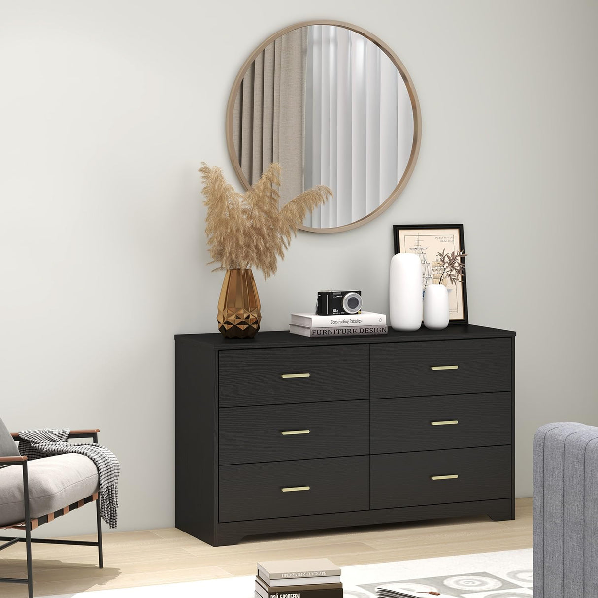 Modern 6 Drawer Wood Dresser, Wood Lateral Chest of Drawers Storage Organizer with Wide Drawers & Metal Gold Handles for Bedroom, Living Room, Hallway, Entryway Panana