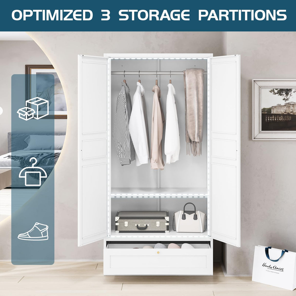 MIIIKO Wardrobe Closet with Drawer, 2 Doors Clothes Cabinet, 72" Metal Storage Cabinets with Hanging Rod, Bedroom Armoires Laundry Room and Office Clothes Storage Organizer Cabinets MIIIKO