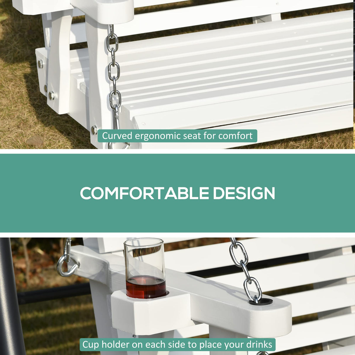 Outsunny Porch Swing with Chains and Cupholders, 2 Person Wooden Patio Swing Chair, 440 lbs. Weight Capacity, for Garden, Poolside, Backyard, White Outsunny