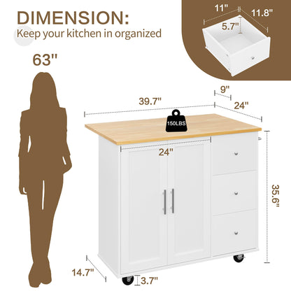 SUNLEI Kitchen Island on Wheels with Storage Cabinet & Foldable Drop Leaf, Rolling Kitchen Table, Cart Handle for Towel Rack, Drop Leaf, Portable Islands for Kitchen (Stylish White, 39.7-INCH)