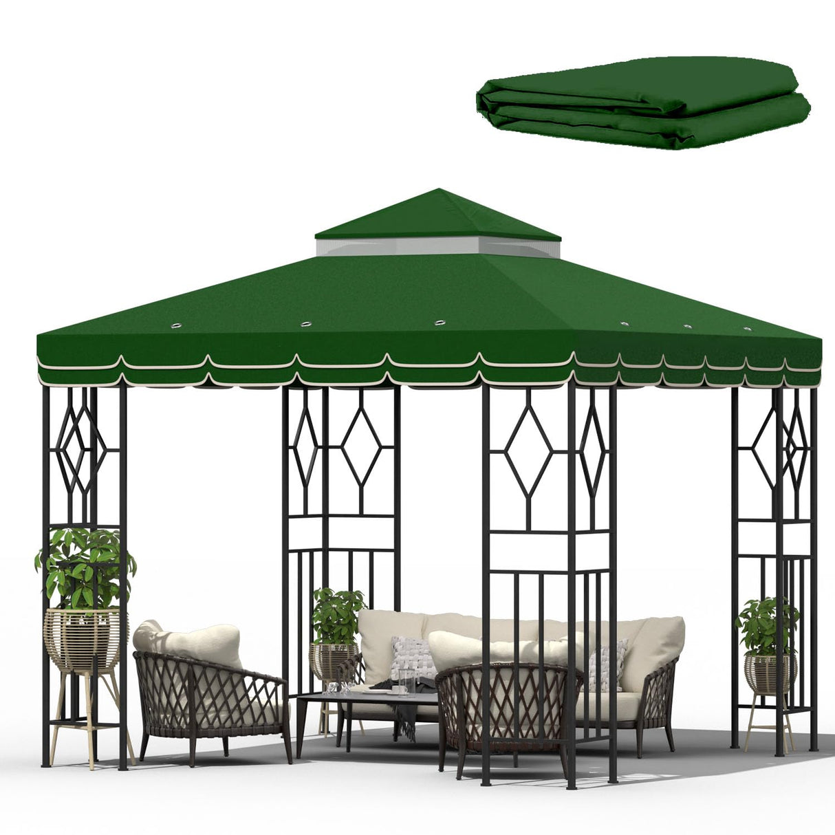 Morikoro 10x10 Canopy Replacement Top Canopy Cover Replacement 10x10 FT Double Tiered Gazebo Covers for Yard Patio Garden Canopy Sunshade (Green with lace) Morikoro