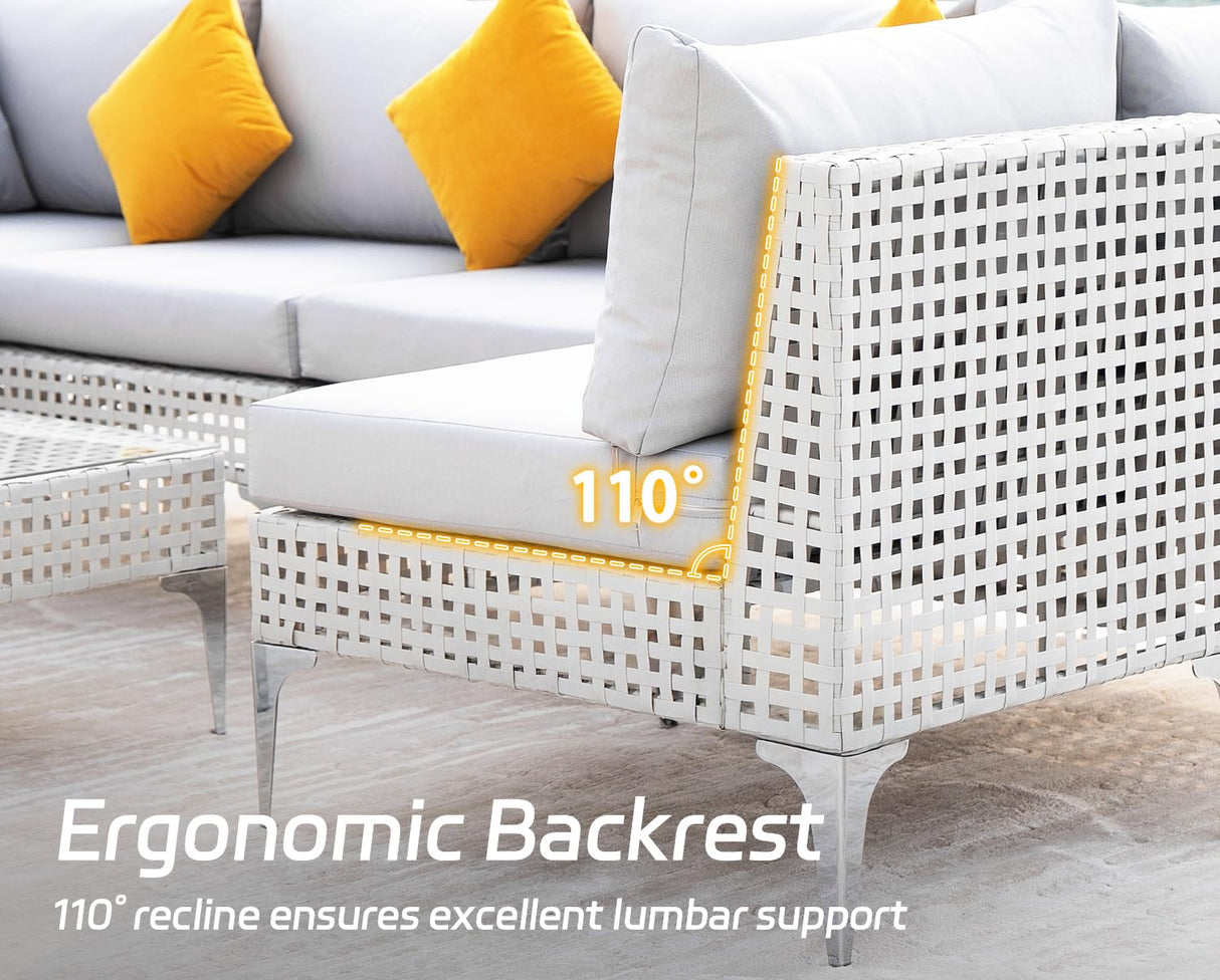 NICESOUL 7 Pieces 25.6" Deep Seat Patio Conversation Sets, White Open Weave Rattan Durable Patio Sectional Sofa, Weather Resistant Outdoor Seating Set for Backyard Terrace Porch, Light Grey NICESOUL