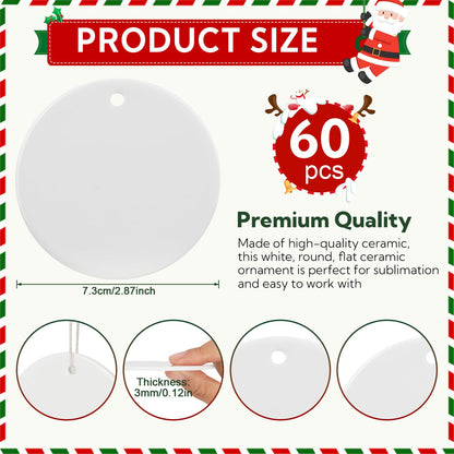 60 PCS Sublimation Ceramic Ornament Blank 3 Inch Round Two-Sided Printed White Ceramic Decoration Christmas Sublimation Ornament Blanks with Gold String for DIY Crafts Christmas Tree Decoration