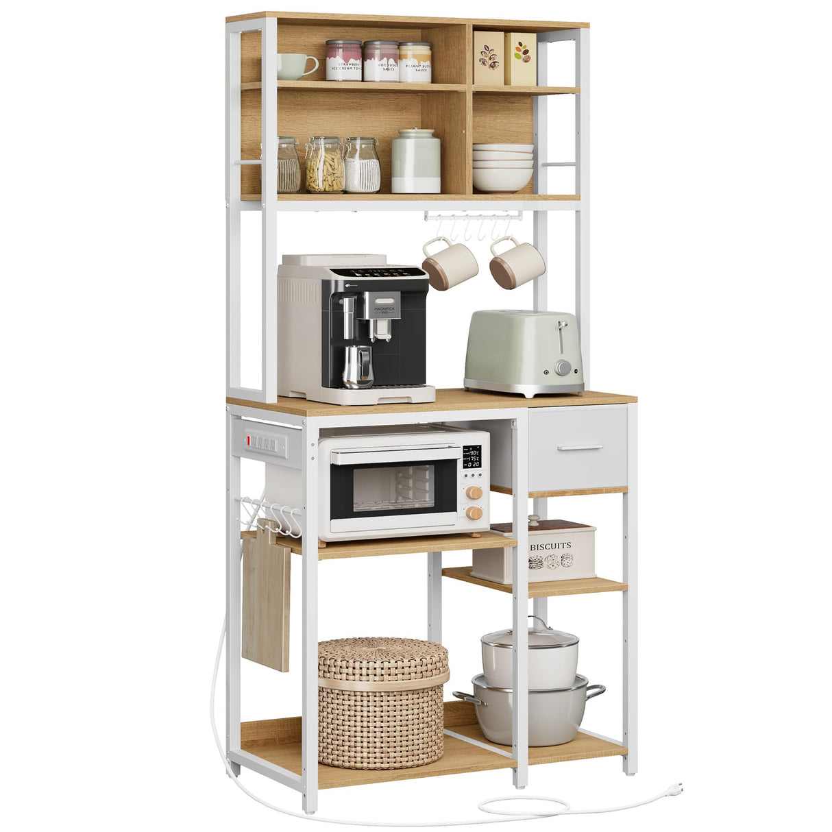 VASAGLE Bakers Rack with Charging Station, Coffee Bar with Adjustable Storage Shelves, Fabric Drawer, 12 Hooks, 15.7 x 31.5 x 71 Inches, Kitchen Microwave Stand, Golden Oak and Cloud White UKKS015Y03 VASAGLE