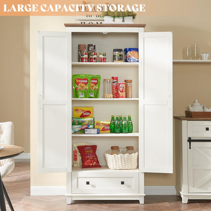 AMERLIFE 72" Tall Kitchen Pantry Storage Cabinet, Farmhouse Food Pantry Cabinet for Kitchen, Dining Room, Living Room, Adjustable Shelves and Drawer, White - WoodArtSupply