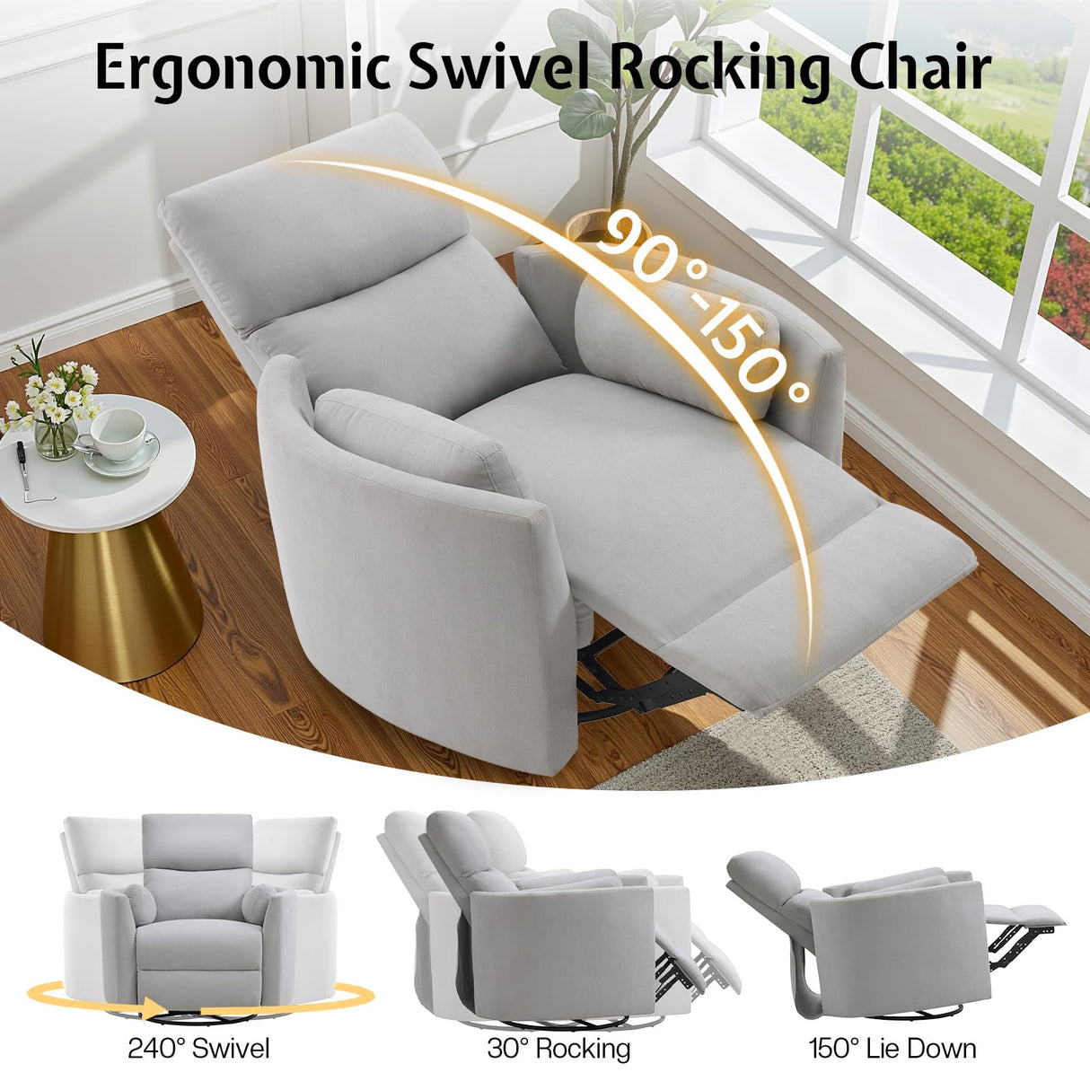 Jocisland Power Recliner Nursery Chair for Adults, Electric Swivel Rocking Glider with USB & Type-C, Soft Fabric Armchair with 2 Pillows, Cozy Reclining Sofa for Living Room, Bedroom, Light Grey Jocisland