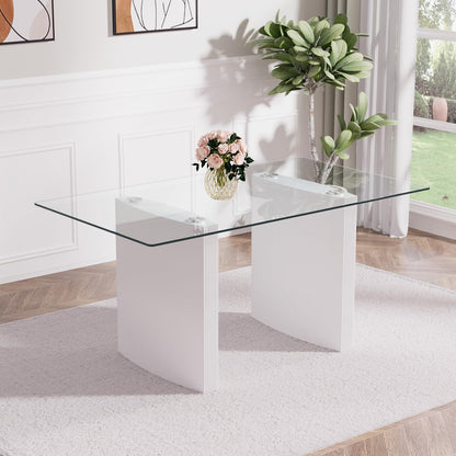 Modern 63" Glass Dining Table for 6 Rectangular Kitchen Table for 4-6 Luxury Elegant Tempered Glass Top Dinner Table with White Wooden Pillar Base for Kitchen Dining Room - WoodArtSupply