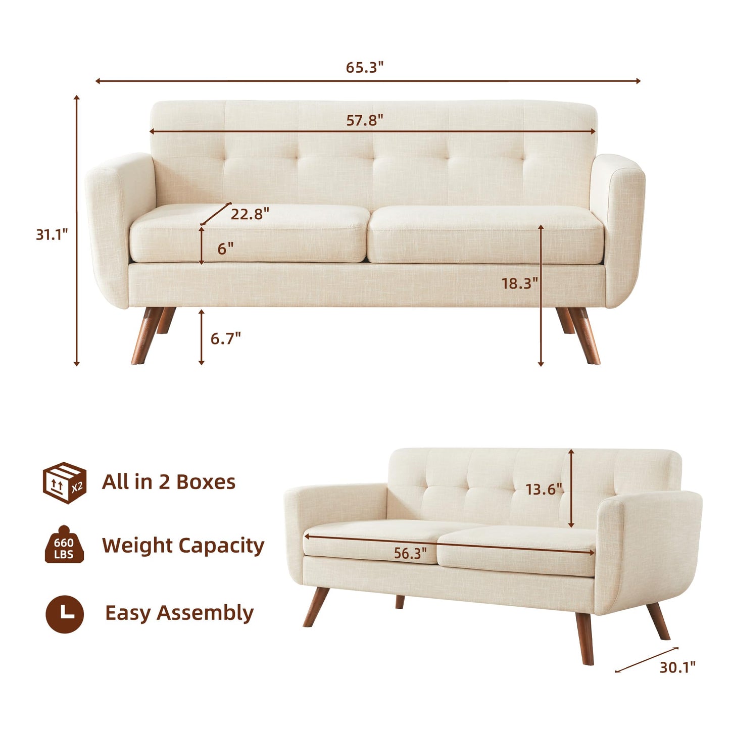 Tbfit 65" W Loveseat Sofa, Mid Century Modern Decor Love Seat Couches for Living Room, Button Tufted Upholstered Small Couch for Bedroom, Solid and Easy to Install Love Seats Furniture, Beige