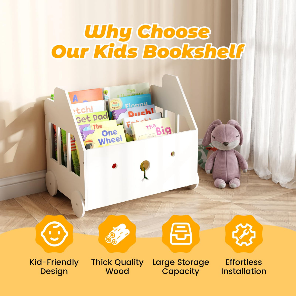 Jomzuci Wooden Kids Bookshelf, Toddler Montessori Bookshelf, Nursery Book Shelves with 4 Adjustable Dividers, Book Shelf for Kids Rooms, Nursery, Bedroom, Classroom and Playroom Storage Jomzuci