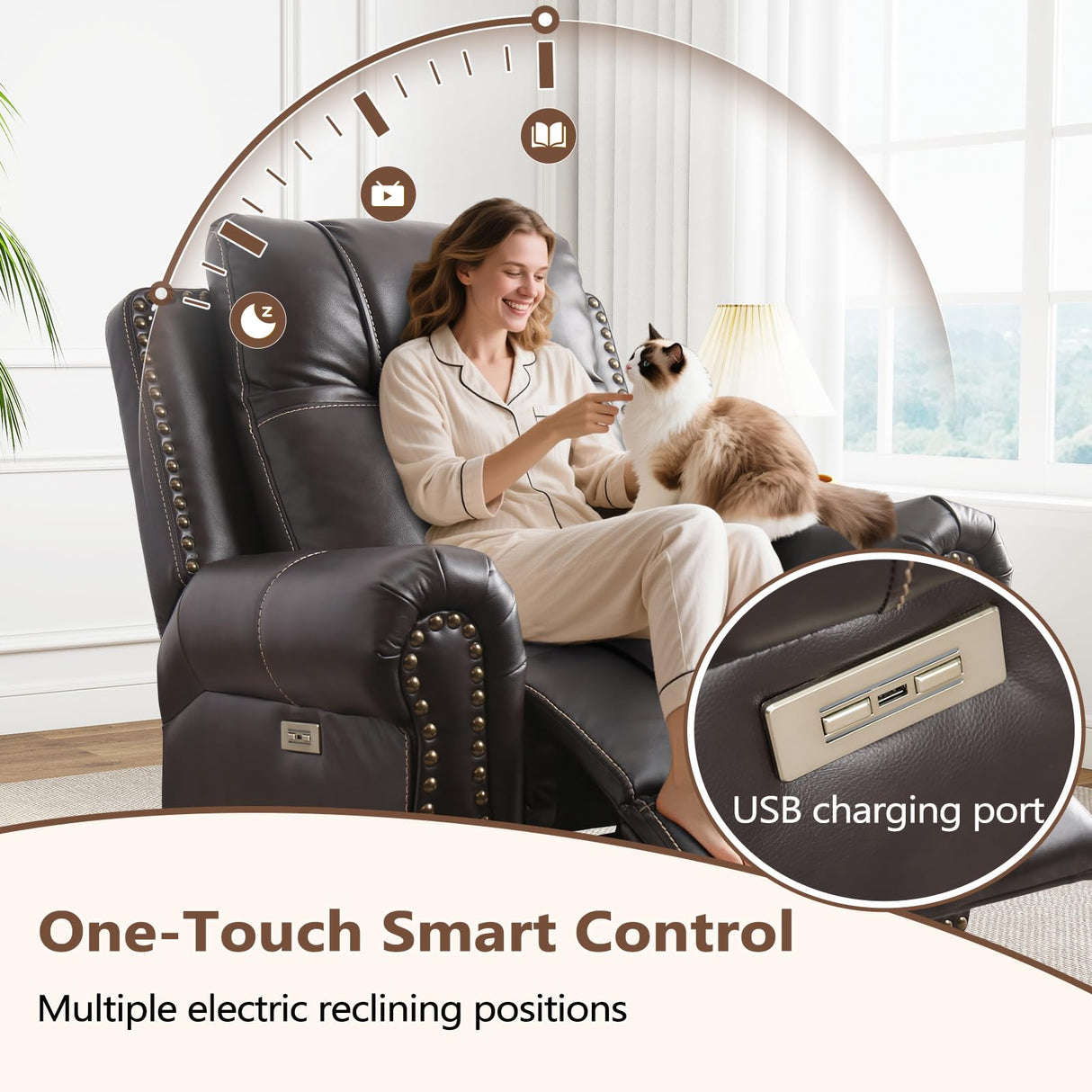 ANJ Electric Power Recliner Chair with USB Ports, Breathable Faux Leather Oversized Recliner with Comfortable Arms, Back and Headrest, Single Sofa for Living Room, Dark Brown ANJ
