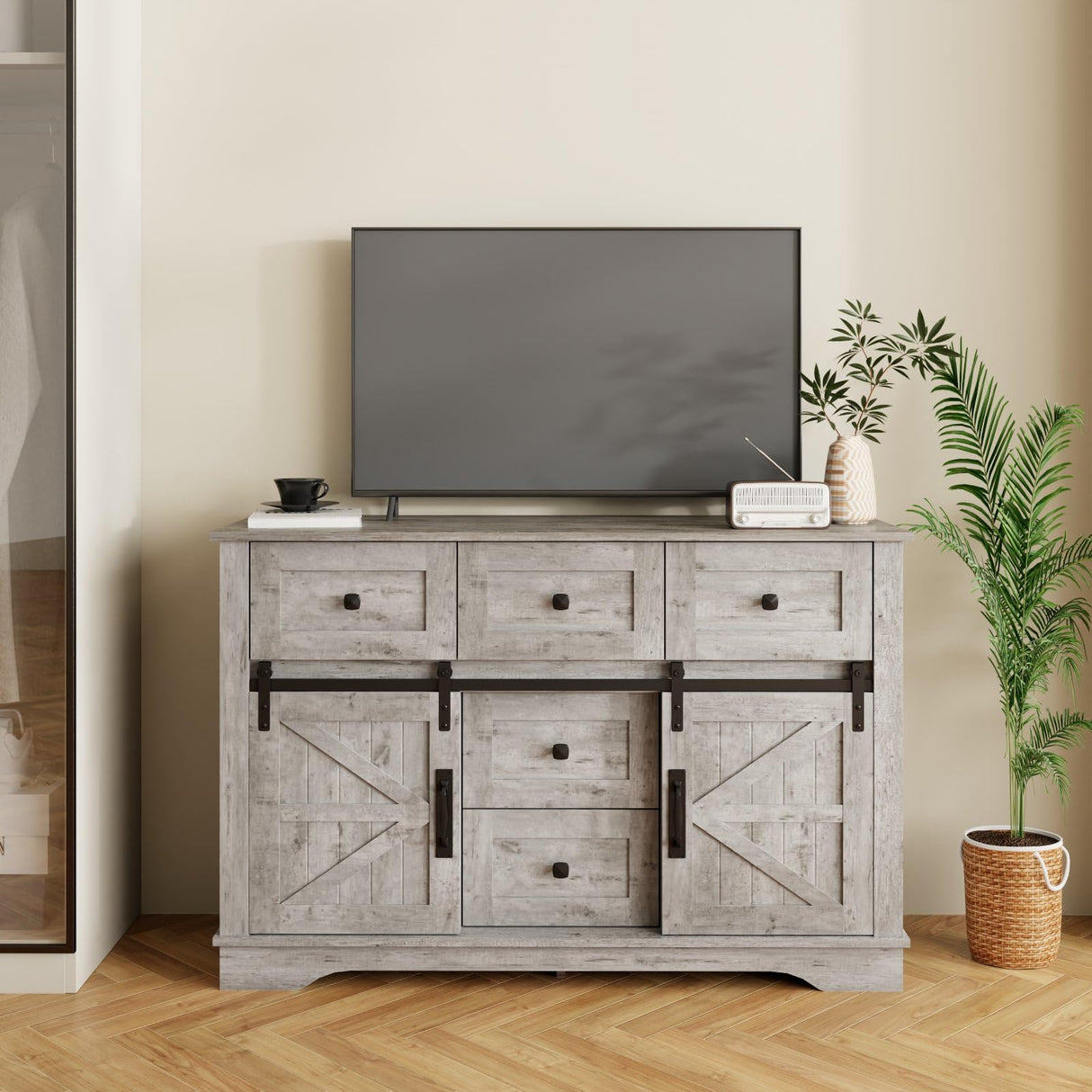 Vabches Farmhouse Sideboard Buffet Cabinet with Storage, Large Kitchen Sideboard Cabinet, Sliding Barn Doors and 5 Drawers, Adjustable Shelves, Coffee Bar Table for Dining Room, Light Rustic Oak Vabches