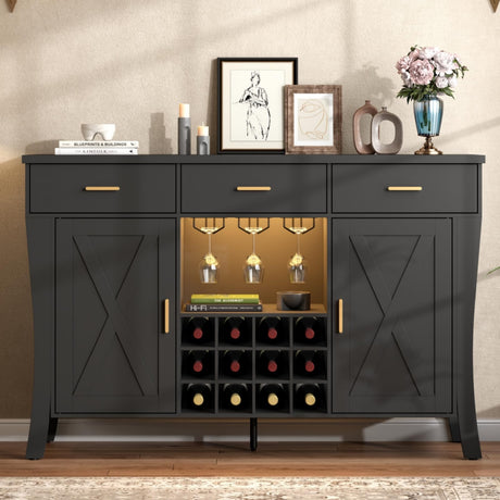 Wine Bar Cabinet with LED Light,Farmhous Liquor cabinet with Wine and Glass Rack,Coffee Station with Storage cabinet and 3 drawers,Buffet Sideboard with Arc Design for Kitchen,living room (Black) Gyfimoie