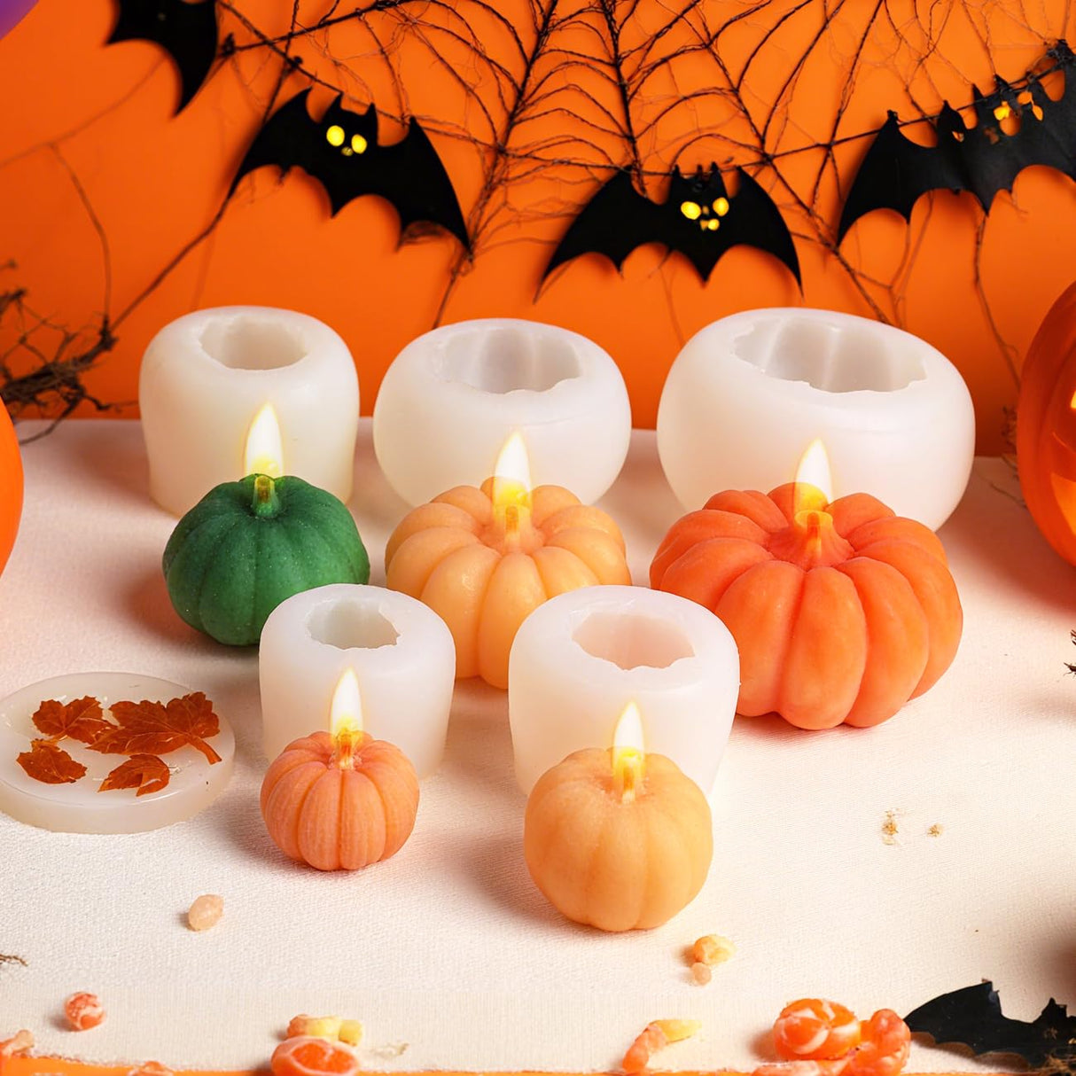 MGLIFEUL 6 pcs Upgrade Large Halloween Pumpkin Maple Leaf Candle Silicone Candle Mold with Wax Core, Halloween Fall Pumpkin Candle Resin Soap Molds Silicone Suitable for Businesses or households MGLIFEUL