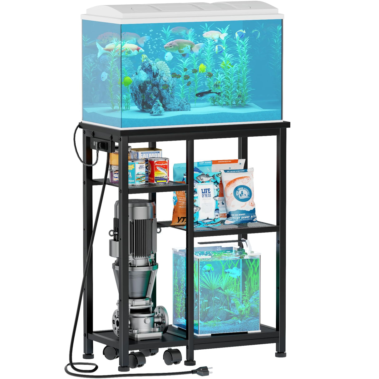 Aquarium Stand with Power Outlet, 3 Tiers Fish Tank Stand with Adjustable Storage Shelves & 4 Wheels for 10, 20 Gallon, 200LBS Capacity Terrarium Stand, Reptile Tank, Black, 24.8" x11.8" x 30.8" Korfile