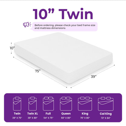 GAESTE 10 Inch Twin Cooling Gel Memory Foam Medium Firm Mattress Breathable Pressure Relief CertiPUR-US Certified Mattress-in-a-Box for Kids and Adults No Fiberglass (Twin, 10 in)