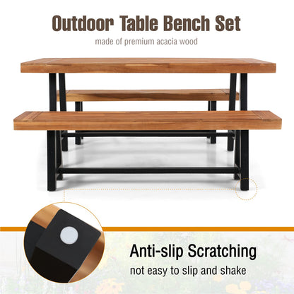 MFSTUDIO 3 Pieces Outdoor Patio Dining Set,Acacia Wood Table Bench Furniture Set with 1 Rectangular Picnic Wooden Table and 2 Benches for Backyard, Garden, Lawn-Teak Color - WoodArtSupply