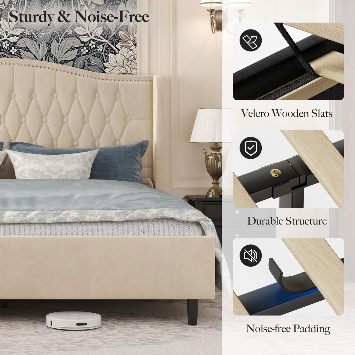 Belffin King Bed Frame and Headboard, Luxury Upholstered Velvet Platform Bed with Wingback, Button Tufted & Nailhead Trim, Anti-Slide Tall Footboard, No Box Spring Needed, Noise-Free, Beige Belffin