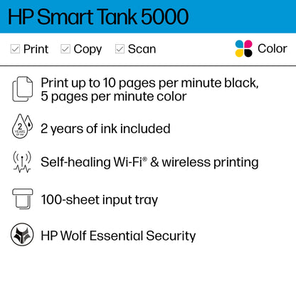 HP Smart-Tank 5000 Wireless All-in-One Ink-Tank Printer with up to 2 years of ink included, mobile print, scan, copy, white, 17.11 x 14.23 x 6.19