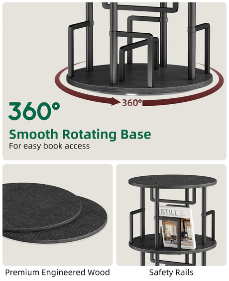 Kalrin 5 Tier Rotating Bookshelf with Extra Storage Cabinet, 360°Spinning Corner Bookshelf, Floor Standing Bookcase for Kids & Adult, Narrow Book Shelf for Bedroom Living Room, Pure Black Kalrin