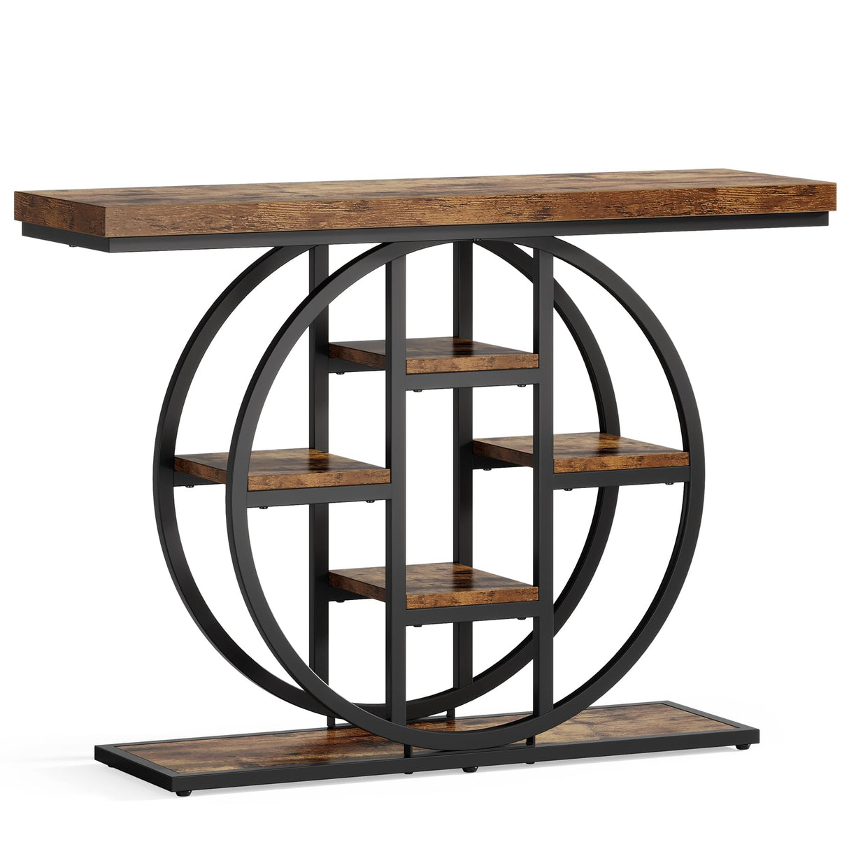 Celaform 41" Console Table, 4-Tier Entryway Table with Circle Base, Industrial Narrow Wood Sofa Accent Tables with Storage Shelves for Living Room, Hallway, Foyer, Rustic Brown Celaform