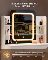 LIVELYGLOW Small Makeup Vanity Desk, 29.5" W x 15.8" D x 51.2" H, White (Smart LED Mirror, Hairdryer Rack, Power-Outlet, 5 Shelves, 2 Drawers) LIVELYGLOW