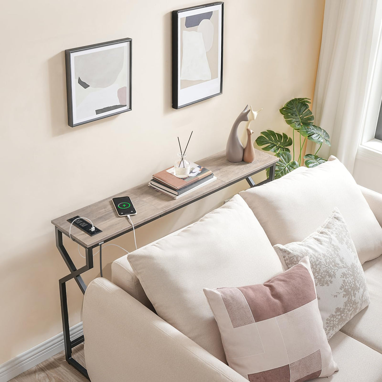 MAHANCRIS Console Sofa Table, 44.9" Entryway Table with Power Station, Narrow Couch Table, Hallway Table, Sofa Table with USB Ports, Metal Frame, for Entrance, Living Room, Greige CTHG113E01 MAHANCRIS