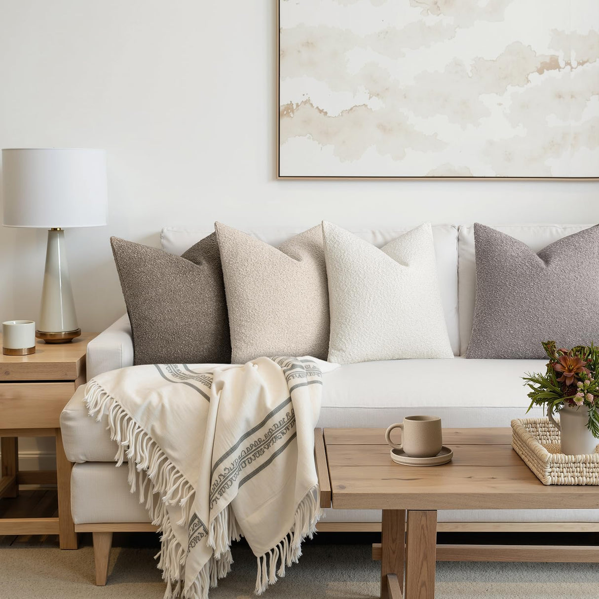 MIULEE Pack of 4 Decorative Textured Boucle Throw Pillow Covers 18x18 Inch Neutral Accent Solid Pillow Cases Soft Couch Cushion Covers for Modern Farmhouse Boho Chair Sofa Bed Livingroom Home Decor MIULEE