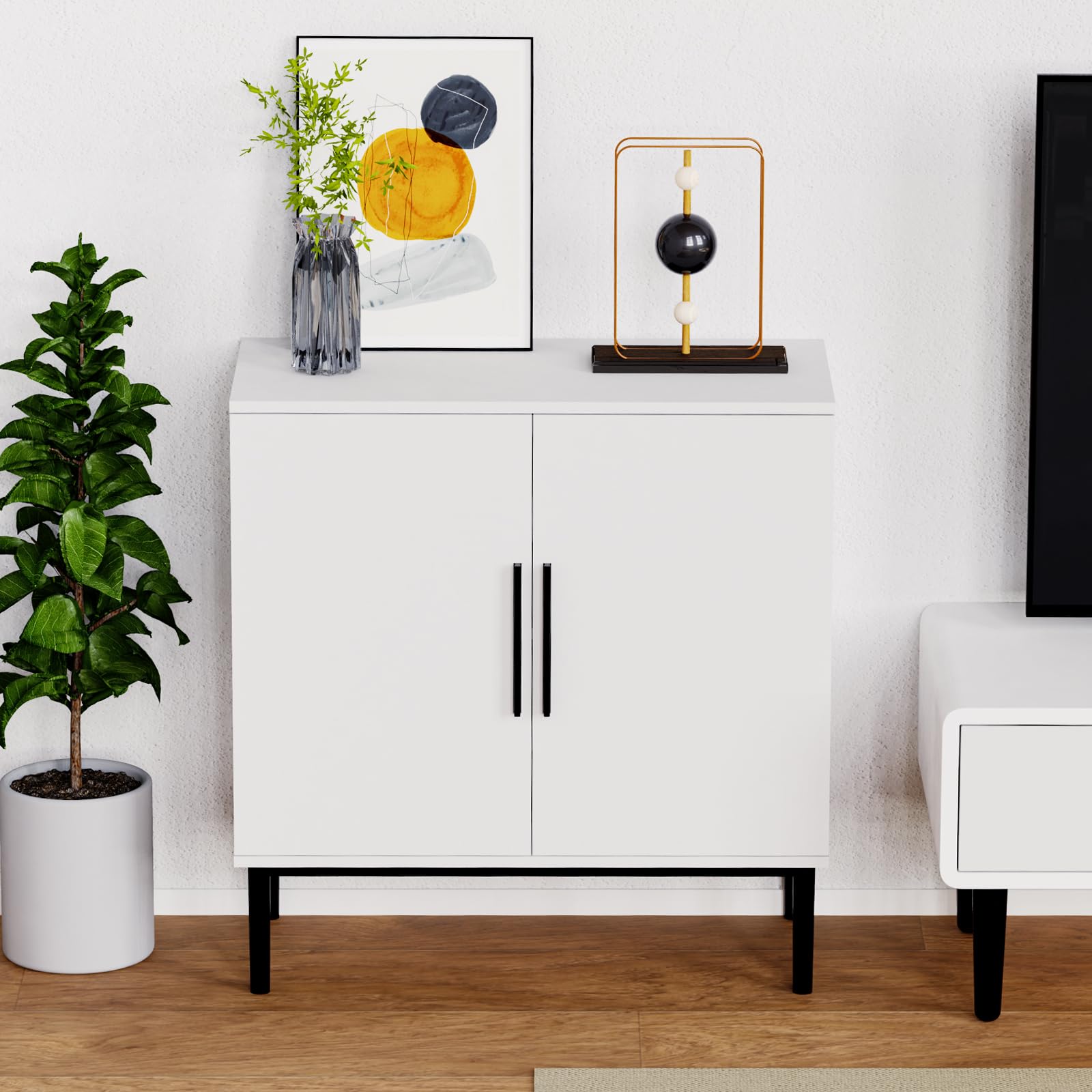 REHOOPEX Storage Cabinet, Modern Accent Buffet Cabinet, Free Standing Sideboard and Buffet Storage with Door, Wood Buffet Sideboard for Bedroom, Living Room, Kitchen or Hallway (1, White) - WoodArtSupply