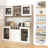 VOWNER Pantry Cabinet, Kitchen Storage Cabinet, Freestanding Buffet Hutch with Pegboard, Cup Holder, Power Outlet, 4 Doors & 3 Drawers, Cupboard with Microwave Shelf & Wine Racks (White and Oak Color) VOWNER