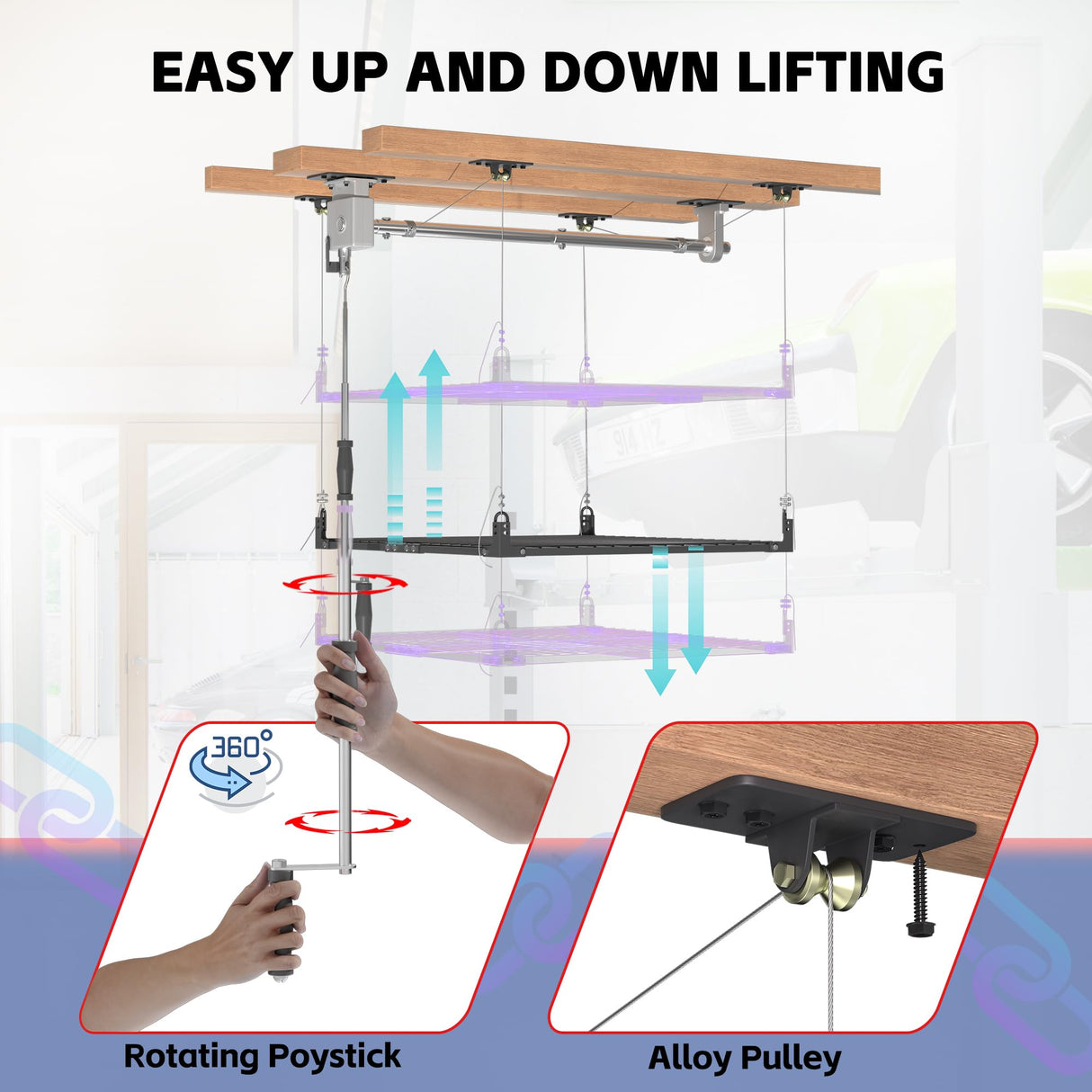 UODENGA Overhead Garage Storage Rack,4x4FT Ceiling Storage Racks Lift,Adjustable Organization System,Workshops or Basements(Black) UODENGA