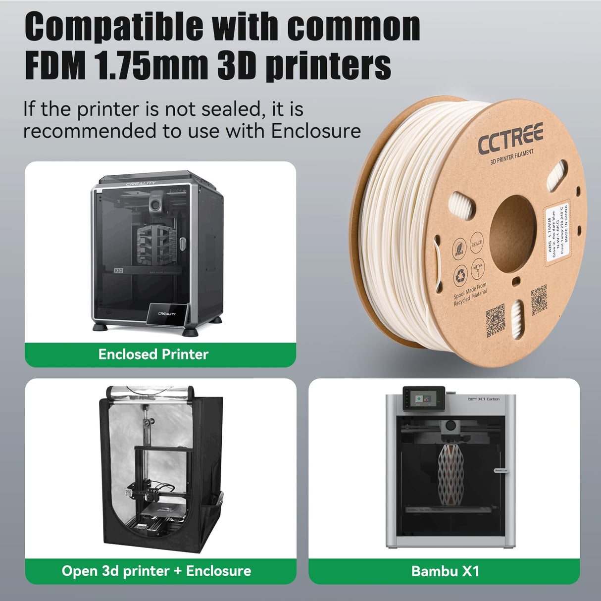 CCTREE 3D Printer High Speed ABS Filament 1.75mm, ABS 1kg Spool (2.2lbs) Excellent Resistance, Odorless Strong&Durable Accuracy±0.03mm Easy Printing for Bambu P1S,X1 3D Printer Glow in Dark Green CCTREE