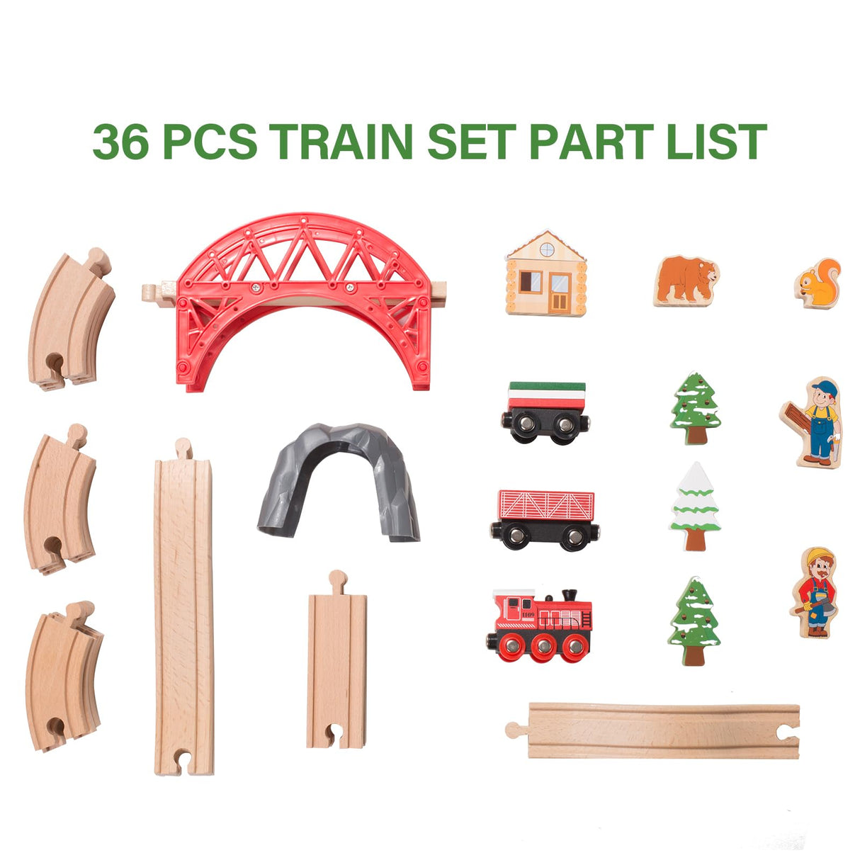 Giant bean Forest Theme Wooden Train Set for Toddler- 36PCS Expandable & Changeable Wooden Train Tracks Toy, for Kids Boys and Girls 3-7, Fits for Giant bean