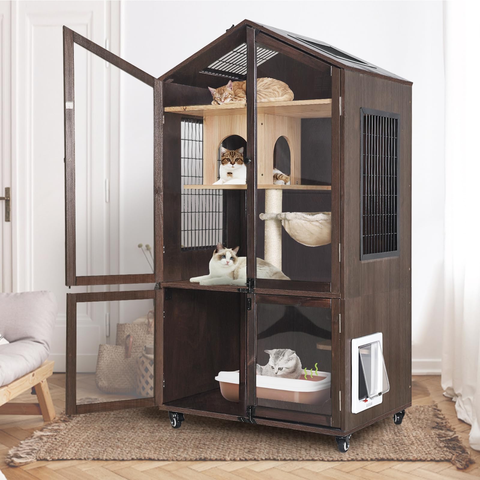 Gutinneen Cat House Cat Condo with Litter Box Furniture Cabinet Large Solid Wood Cat Enclosure for Outdoor & Indoor Cat Catio Cat Tree with Wheels - WoodArtSupply