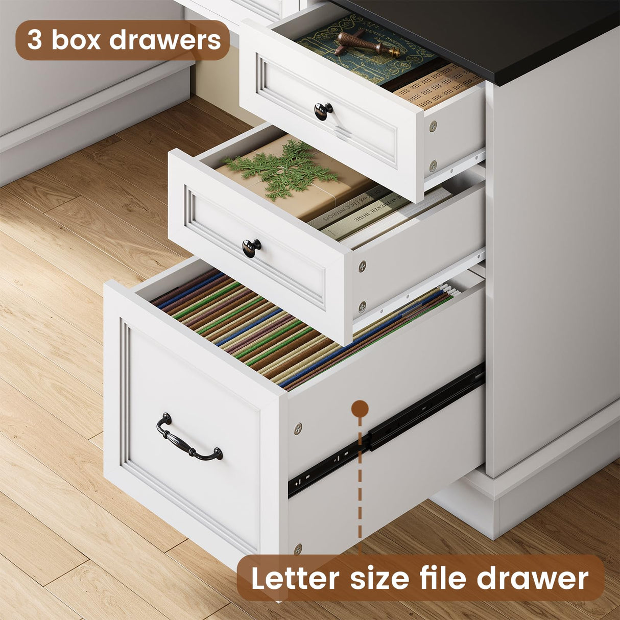 HAUOMS Executive Desk Farmhouse Computer Desk with Drawers and Storage Cabinet, Executive Office Desk with File Drawer,Charging Station and Led Lights,Wood Home Office Desk with Monitor Shelf,White HAUOMS