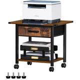 Lerliuo Under Desk Rolling Printer Stand with Drawer, 2-Tier Industrial Mobile Printer Table Desk with Storage Shelf and Steel Frame, Printer Cart Holder with Lockable Wheels for Home, Office (Brown) Lerliuo