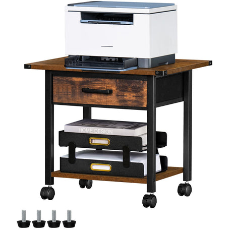 Lerliuo Under Desk Rolling Printer Stand with Drawer, 2-Tier Industrial Mobile Printer Table Desk with Storage Shelf and Steel Frame, Printer Cart Holder with Lockable Wheels for Home, Office (Brown) Lerliuo