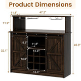4ever2buy Farmhouse Wine Bar Cabinet with LED Light & Mirror, 47” Buffet Sideboard with 4 Glass Hooks & 9 Wine Racks, Coffee Bar Cabinet with Sliding Barn Door for Kitchen Dining Living Room, Brown 4ever2buy
