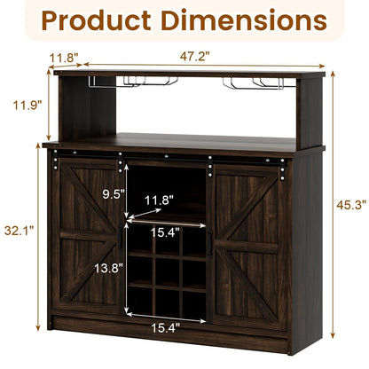 4ever2buy Farmhouse Wine Bar Cabinet with LED Light & Mirror, 47” Buffet Sideboard with 4 Glass Hooks & 9 Wine Racks, Coffee Bar Cabinet with Sliding Barn Door for Kitchen Dining Living Room, Brown