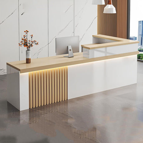 L Shaped Reception Desk with Counter, Salon Modern Reception Desk with Lockable Drawer & Door Cabinet & Light Strip Receptionist for Office Boutique Lobby Shop cartBit