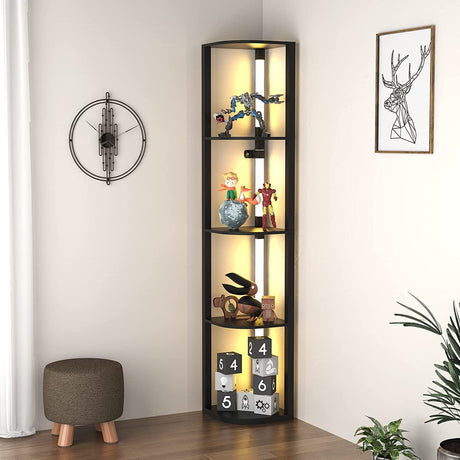 VTRIN Corner Shelf with Light, Modern Home Decor Stand Floor Lamps with Storage Shelves for Collectibles, Sturdy 5-Tier Corner Bookshelf Cabinet Display Shelf for Living Room Bedroom Small Space VTRIN
