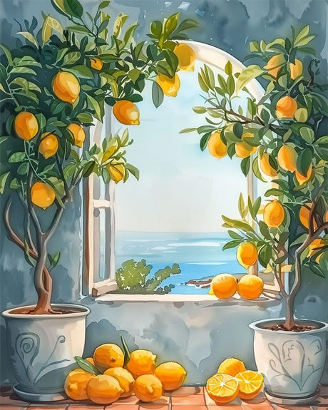 Two Lemon Trees Paint by Number for Adults Beginner Window View of the Sea Paint by Numbers on Canvas Fashion Decor Paint by Numbers Kits Suitable for Gift Home Decoration Without Frame 16x20 Inch MSTINGSHUN