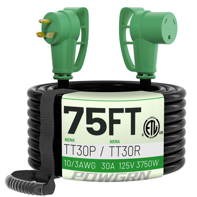POWGRN 30 Amp RV Extension Cord 75 FT Outdoor with Grip Handle, Flexible Heavy Duty 10/3 Gauge STW 3 Prong RV Power Cord Waterproof, NEMA TT-30P to TT-30R, Black-Green, ETL Listed