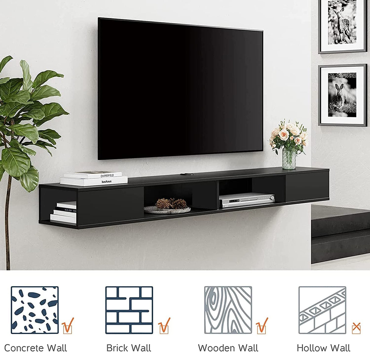 WAMPAT 70 inch Floating TV Stand with RGB Lights, Floating Entertainment Center for TVs up to 75 inch, Floating TV Shelf Wall Mounted with Storage Space for Living Room, Black WAMPAT