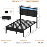 Furnulem Full Size Bed Frame with Charging Station and LED Lights, Grey Upholstered Headboard with Shelves, Metal Platform Bed with 2 Under-Bed Storage (Fabric Drawer on Wheels), No Box Spring Needed Furnulem