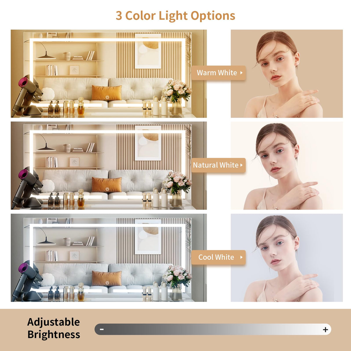 VOWNER Vanity with Lighted Mirror - 47" Glass Top Makeup Vanity Desk with 9 Drawers and Power Outlet, 3 Color Lighting Modes Adjustable Brightness, Makeup Desk with Cushioned Stool for Bedroom, White VOWNER