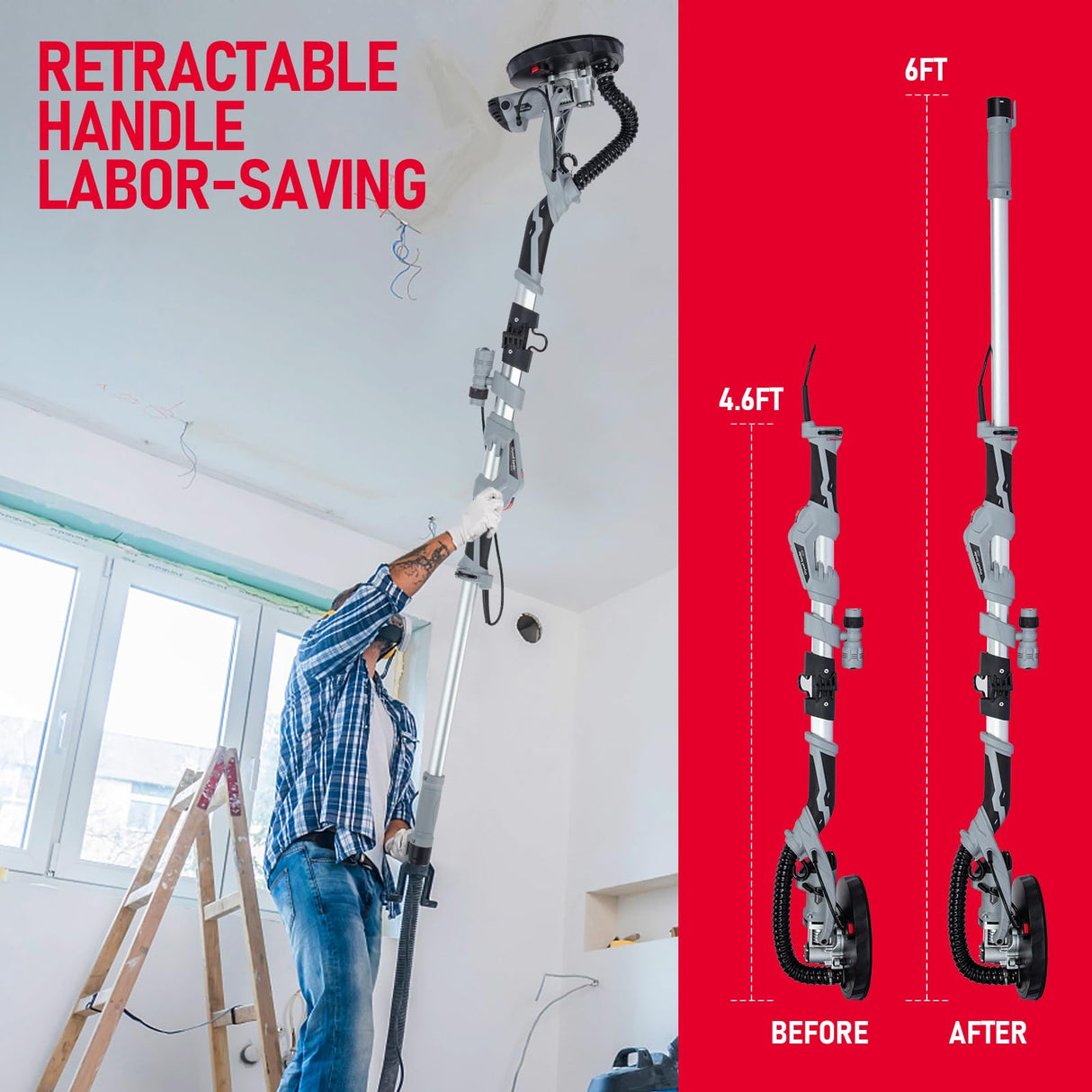 Drywall Sander, 710W Electric Sander with 6 Sanding Discs, Variable Speed 800-1700 RPM Wall Sander with 6.6ft Dust Hose, LED Lights, Extendable Handle & Carrying Bag Garvee