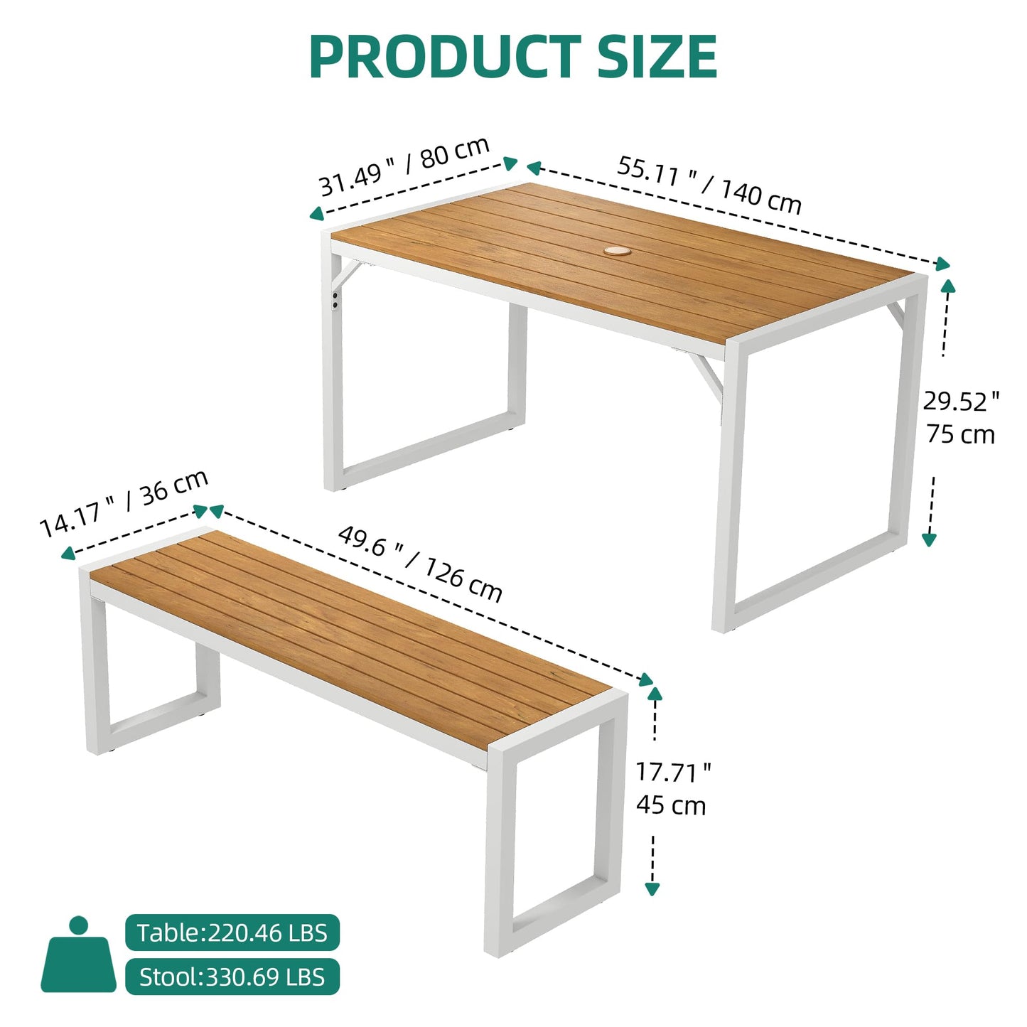 YITAHOME Patio Dining Table and Bench with Faux Wood Tabletop, Outdoor Dining Set for 4-6 People, All-Weather Picnic Conversation Set for Garden Backyard Poolside - White & Walnut - WoodArtSupply