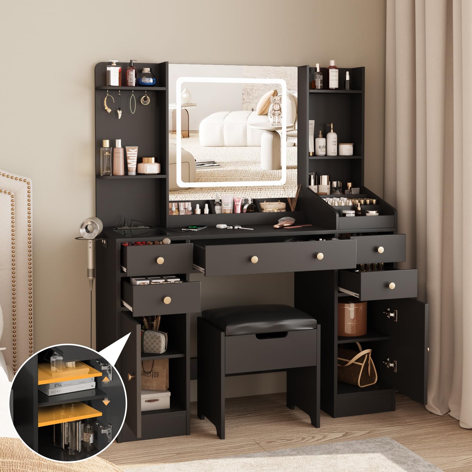 Vabches Vanity Desk with Lights, Makeup Vanity Table with Charging Station, 44.9in Big Vanity Set with 5 Drawers & Lots Storage Space, Black - WoodArtSupply