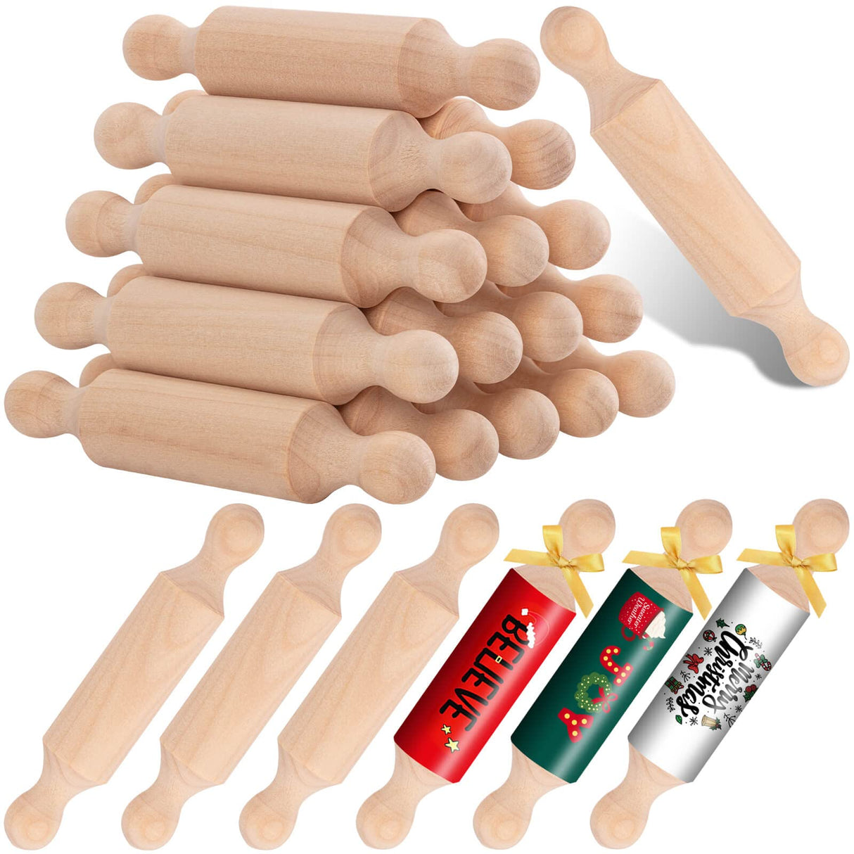 20PCS Mini Rolling Pins for Crafts, Small Wooden Dough Roller for Children in the Kitchen Baking and Imaginative Play, Wooden Tiered Tray Decorative for Halloween and Christmas Presents (4.1 Inches) FFNIU